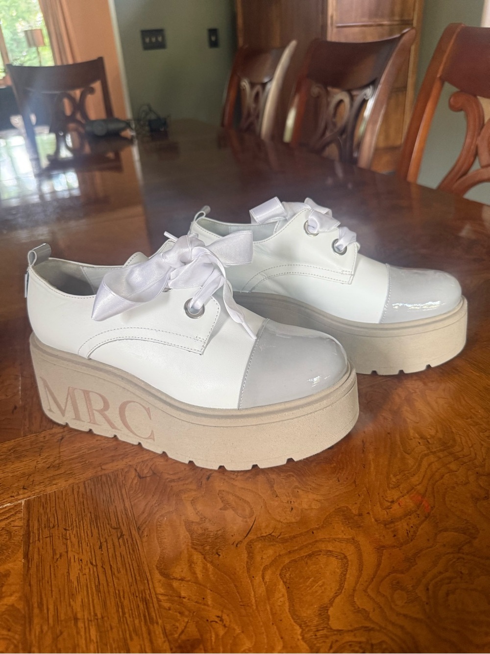 Milano White and Cream Platform Lace-Up Oxfords with Satin Ribbon